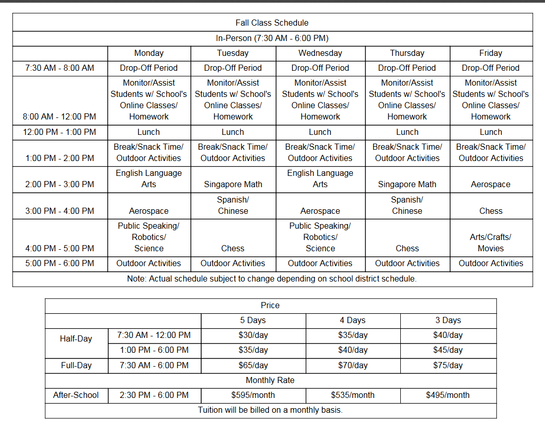 MindCraft Academy Fall Schedule